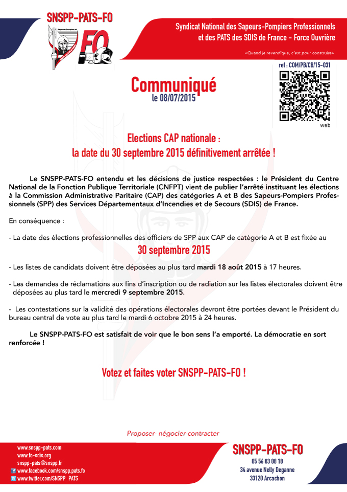 Elections CAP nationale :   la date du 30 septembre 2015 définitivement arrêtée !