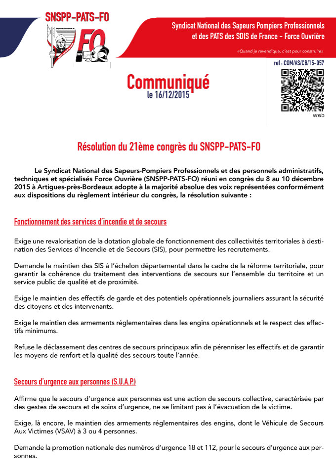 Résolution du 21ème congrès du SNSPP-PATS-FO