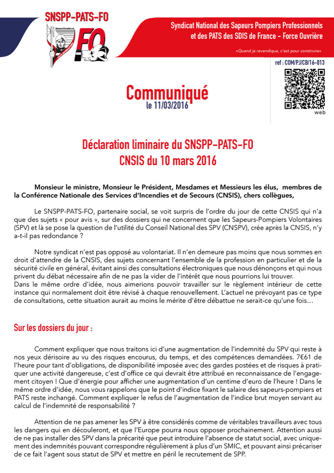 Déclaration liminaire du SNSPP-PATS-FO CNSIS du 10 mars 2016