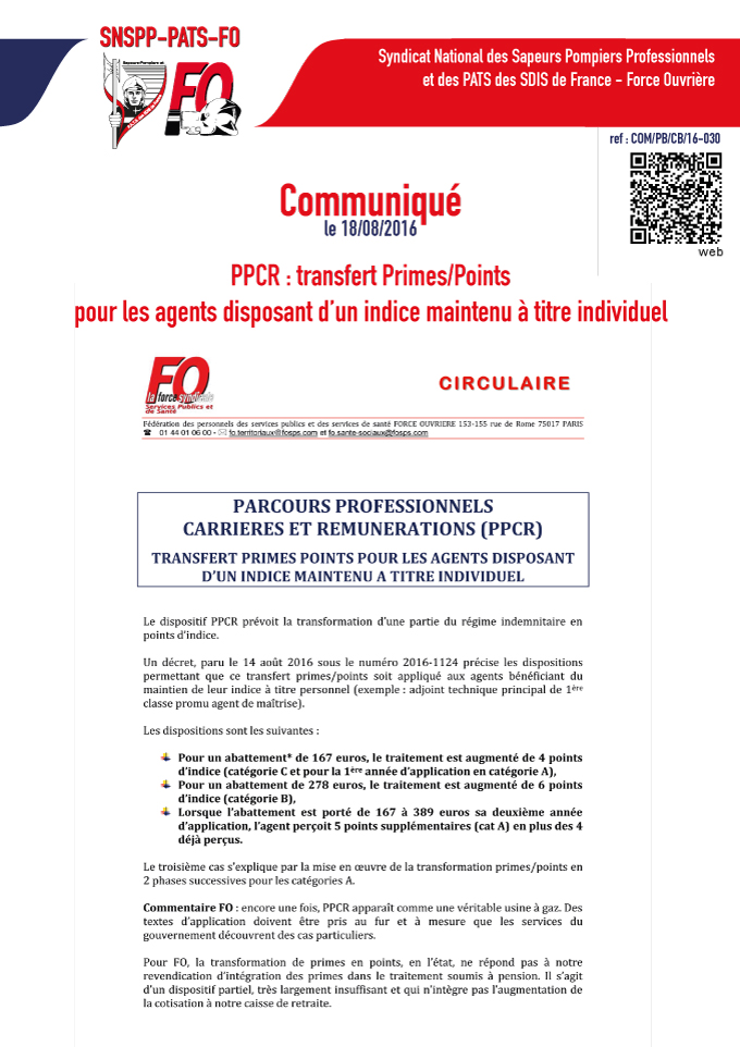 PPCR : transfert Primes/Points   pour les agents disposant d’un indice maintenu à titre individuel