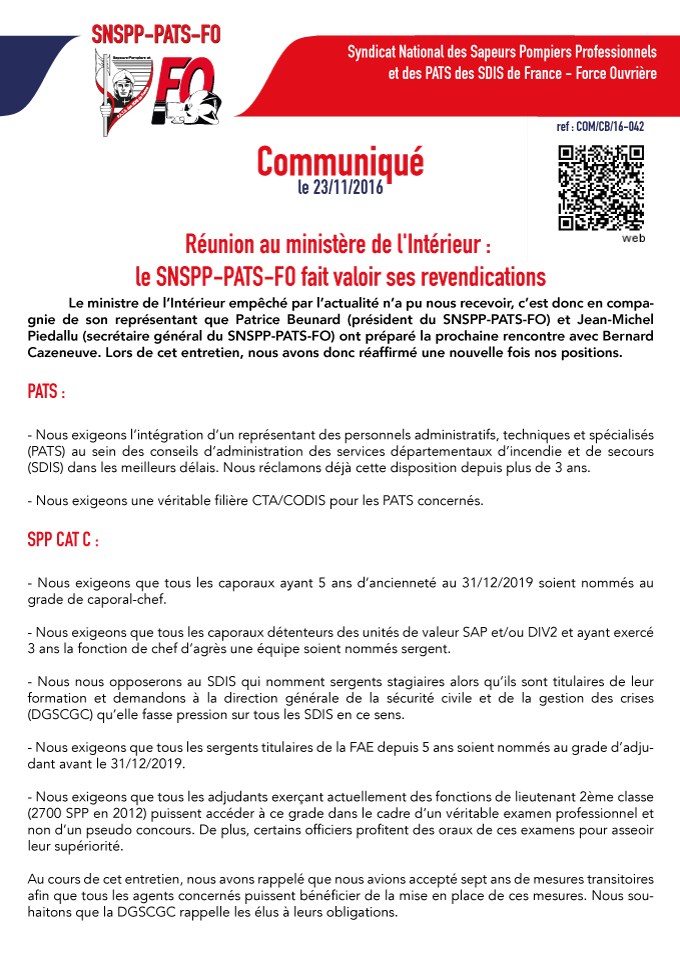 Réunion au ministère de l'Intérieur : le SNSPP-PATS-FO fait valoir ses revendications