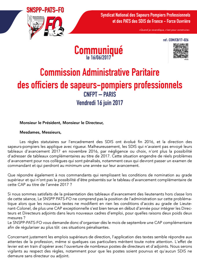 Déclaration liminaire à la Commission Administrative Paritaire des officiers de sapeurs-pompiers professionnels du 16 juin 2017 (CNFPT-Paris)