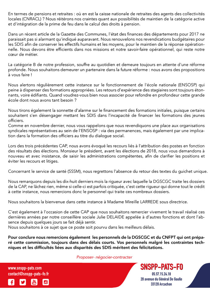 Déclaration liminaire à la Commission Administrative Paritaire des officiers de sapeurs-pompiers professionnels du 16 juin 2017 (CNFPT-Paris)