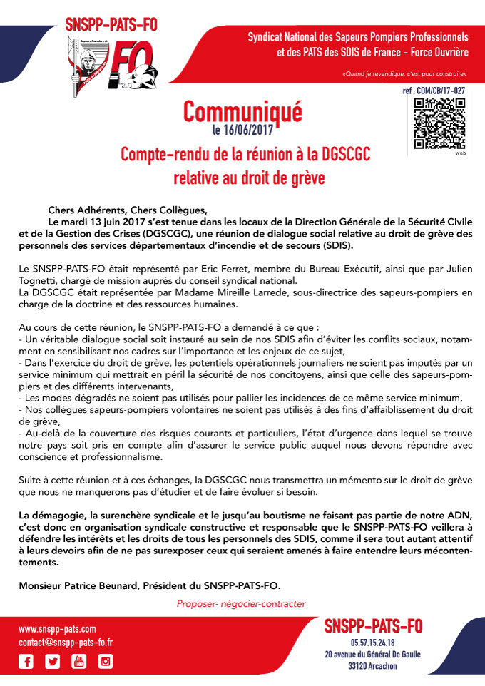 Déclaration liminaire à la Commission Administrative Paritaire   des officiers de sapeurs-pompiers professionnels du 16 juin 2017 (CNFPT-Paris)