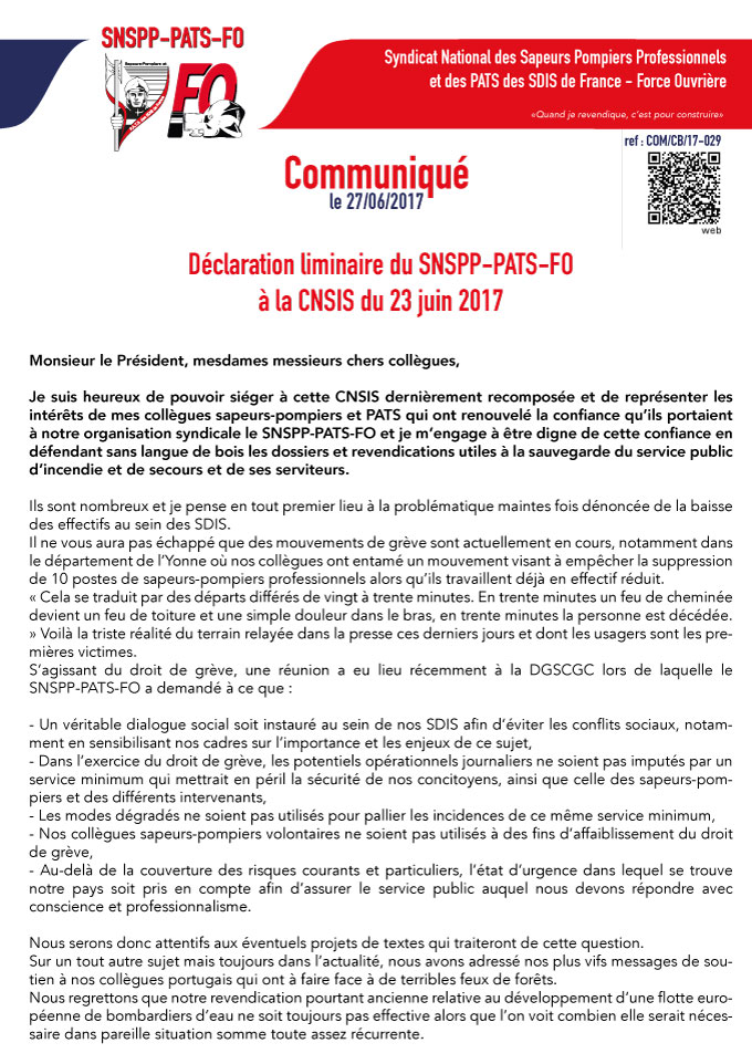 Déclaration lilinaire à la CNSIS du 23 juin 2017