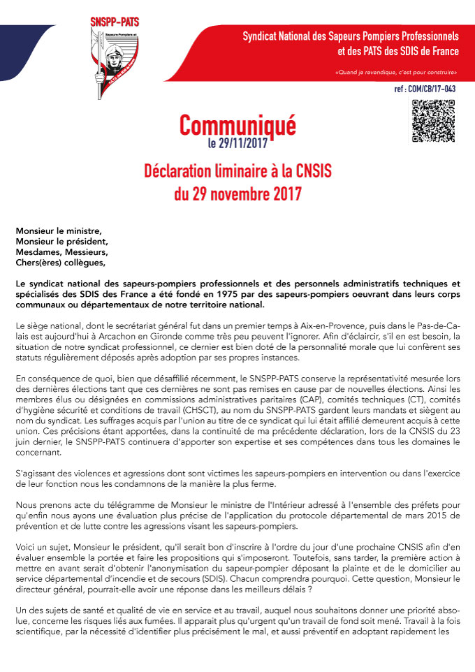 Déclaration liminaire à la CNSIS du 29 novembre 2017